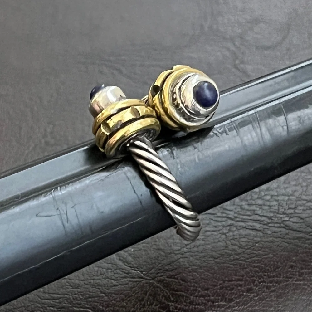 Vintage Taxco Mexico sterling silver brass and lapis cable bypass ring